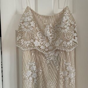 Adrianna Papell Cream and White Embroidered Wedding Dress, fitted, vintage look